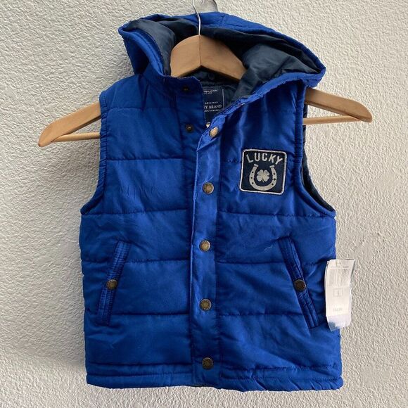 Lucky Brand Hooded Snap Button Vest Size 5 Boys Blue Color NWT - Picture 1 of 5